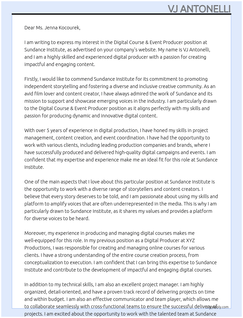 Digital Course & Event Producer At Sundance Institute Cover Letter