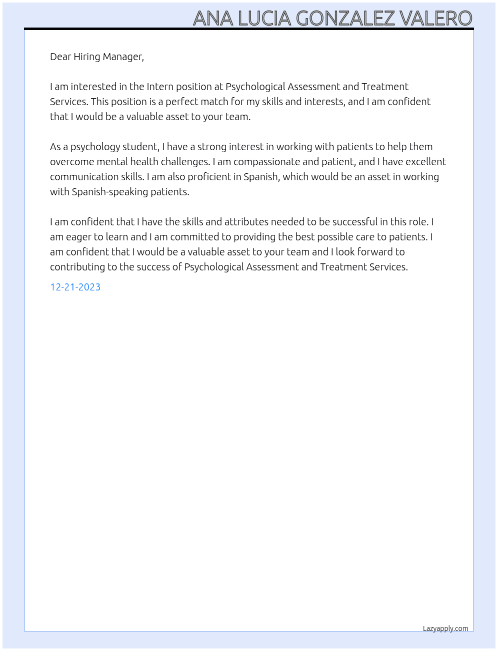 Intern, psychology office (doctors assistant) At Psychological Assessment and Treatment Services Cover Letter