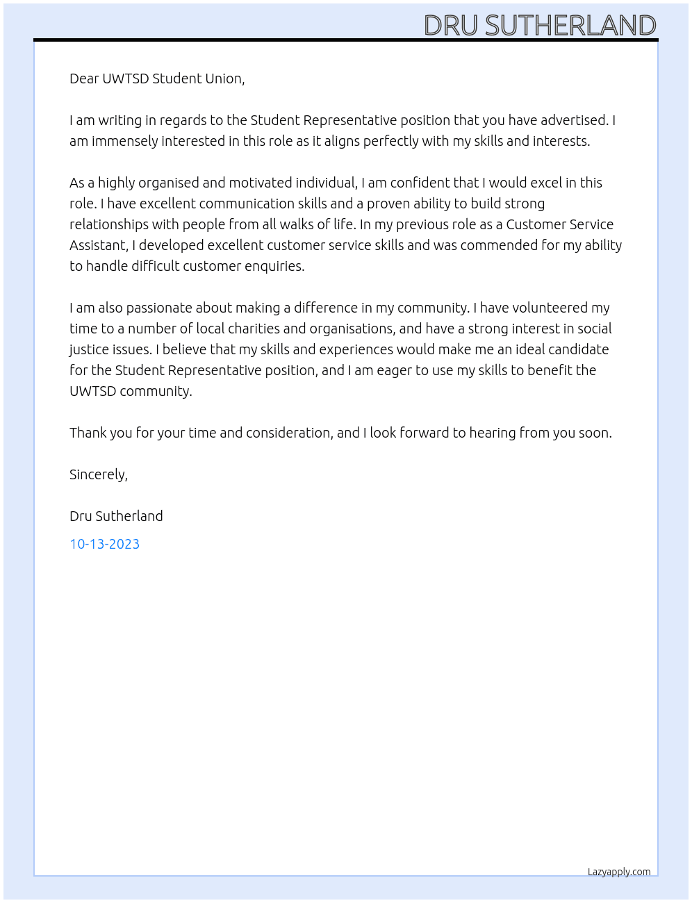 Student Representative At Student Union Cover Letter