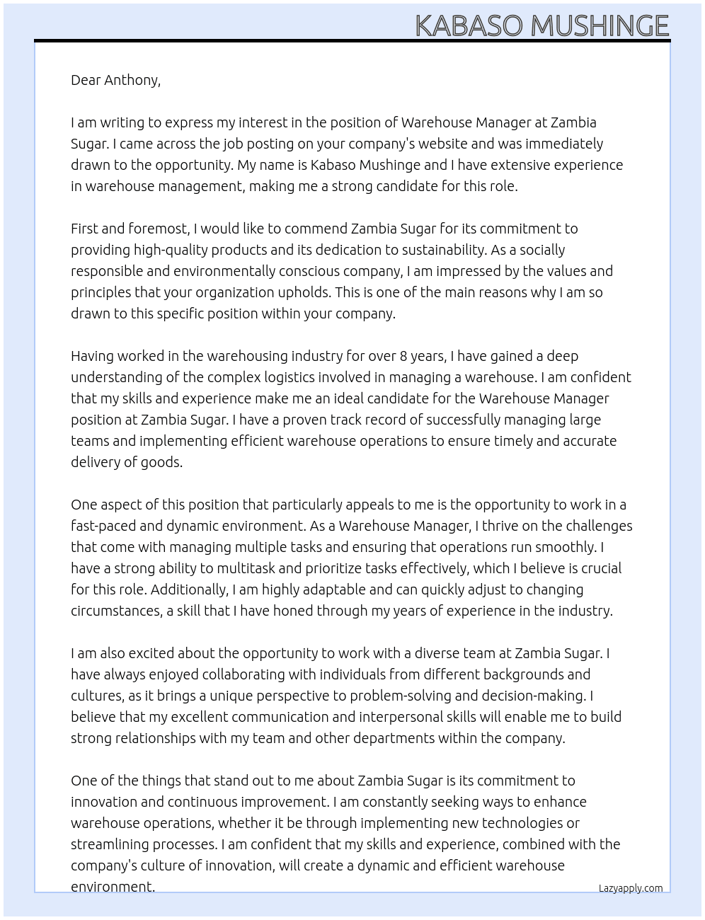 warehouse manager  At Zambia sugar  Cover Letter