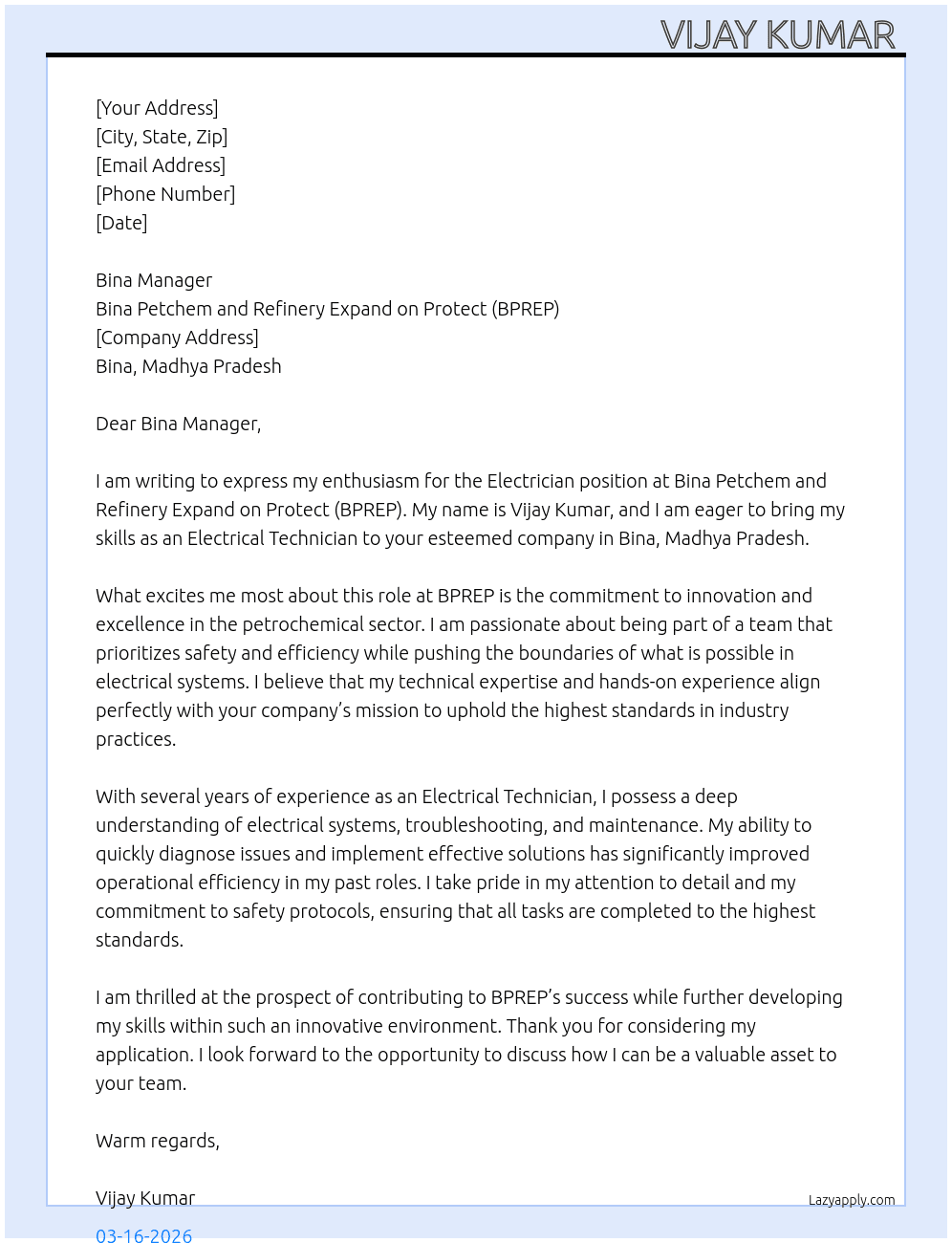ELECTRICIAN At BINA PETCHEM AND REFINERY EXPANST ON PROTECT (BPREP) Cover Letter