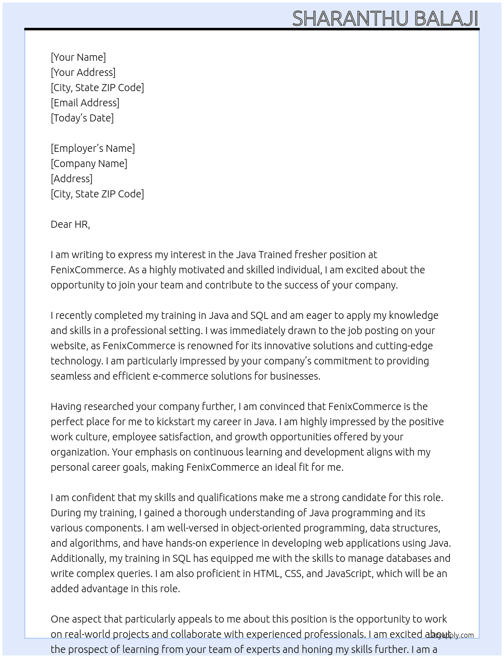 Java Trained fresher  At FenixCommerce Cover Letter