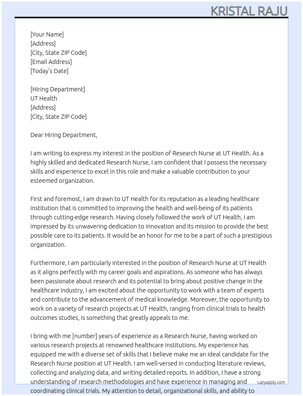 Research Nurse At UT Health  Cover Letter
