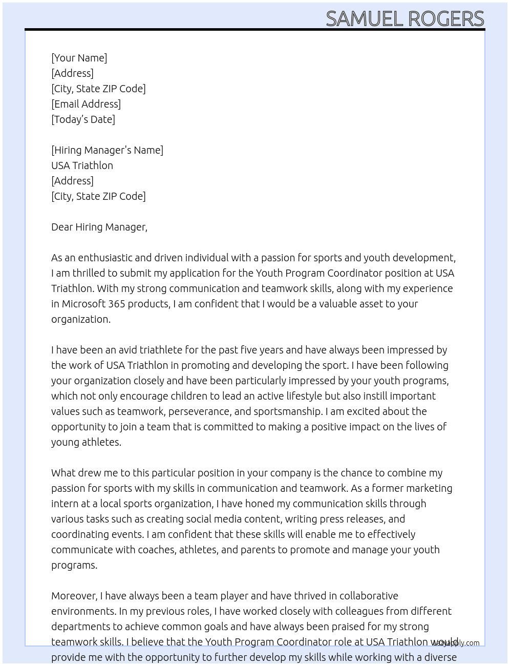 Youth Program Coordinator  At USA Triathlon Cover Letter