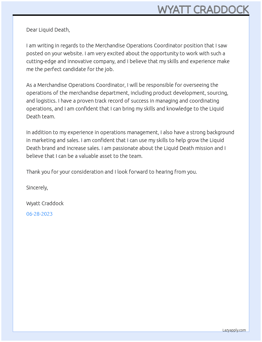 Merchandise Operations Coordinator At Liquid Death Cover Letter