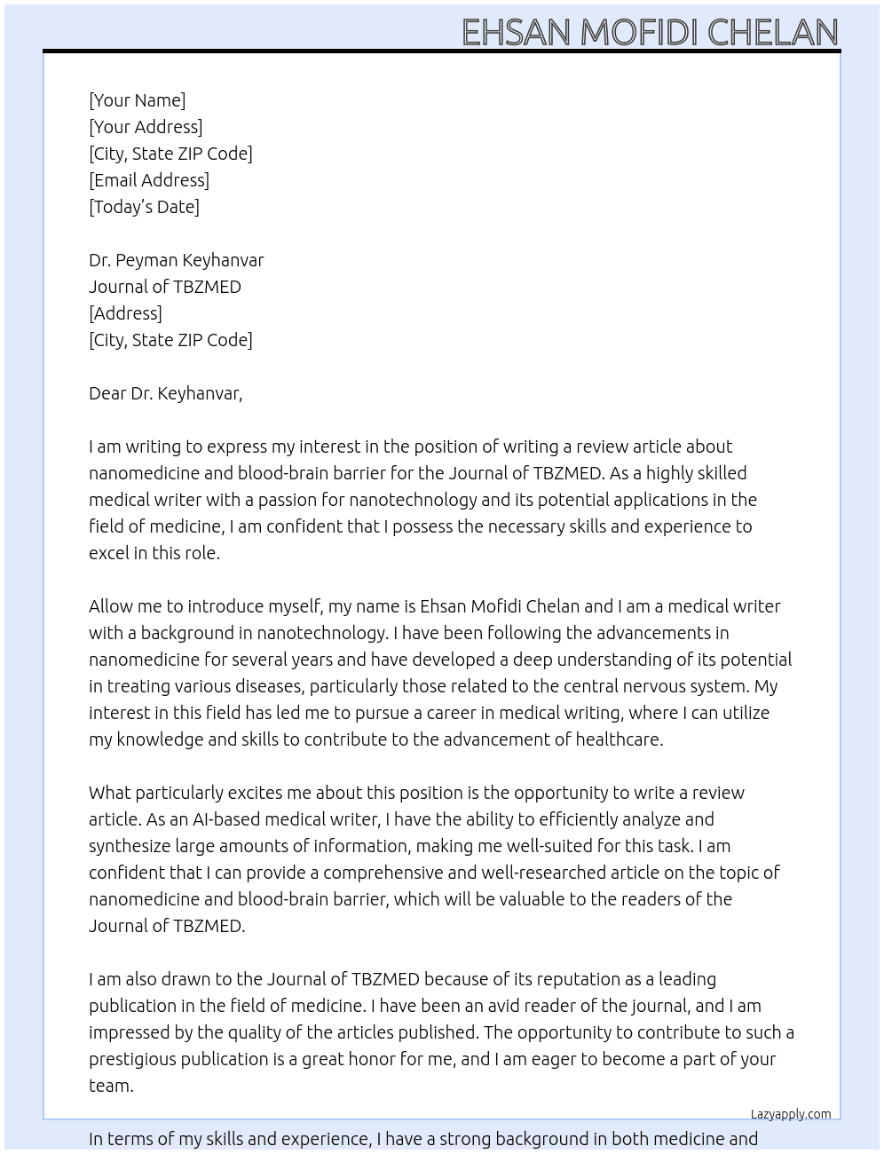 A Review Article about nanomedicine and Blood-brain barrier At Journal of TBZMED Cover Letter