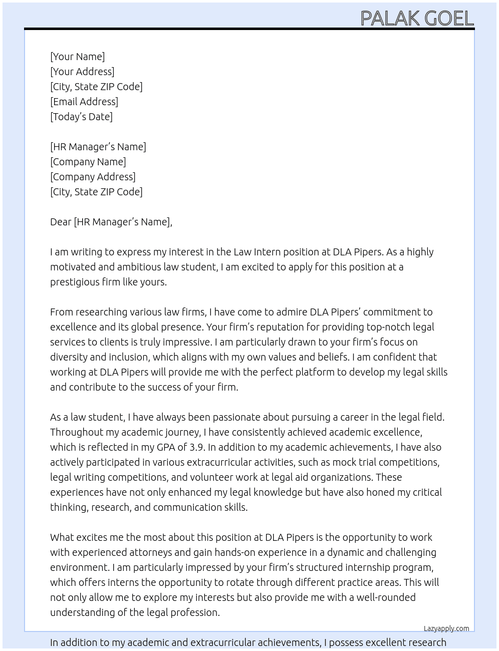 Law Intern At DLA Pipers Cover Letter