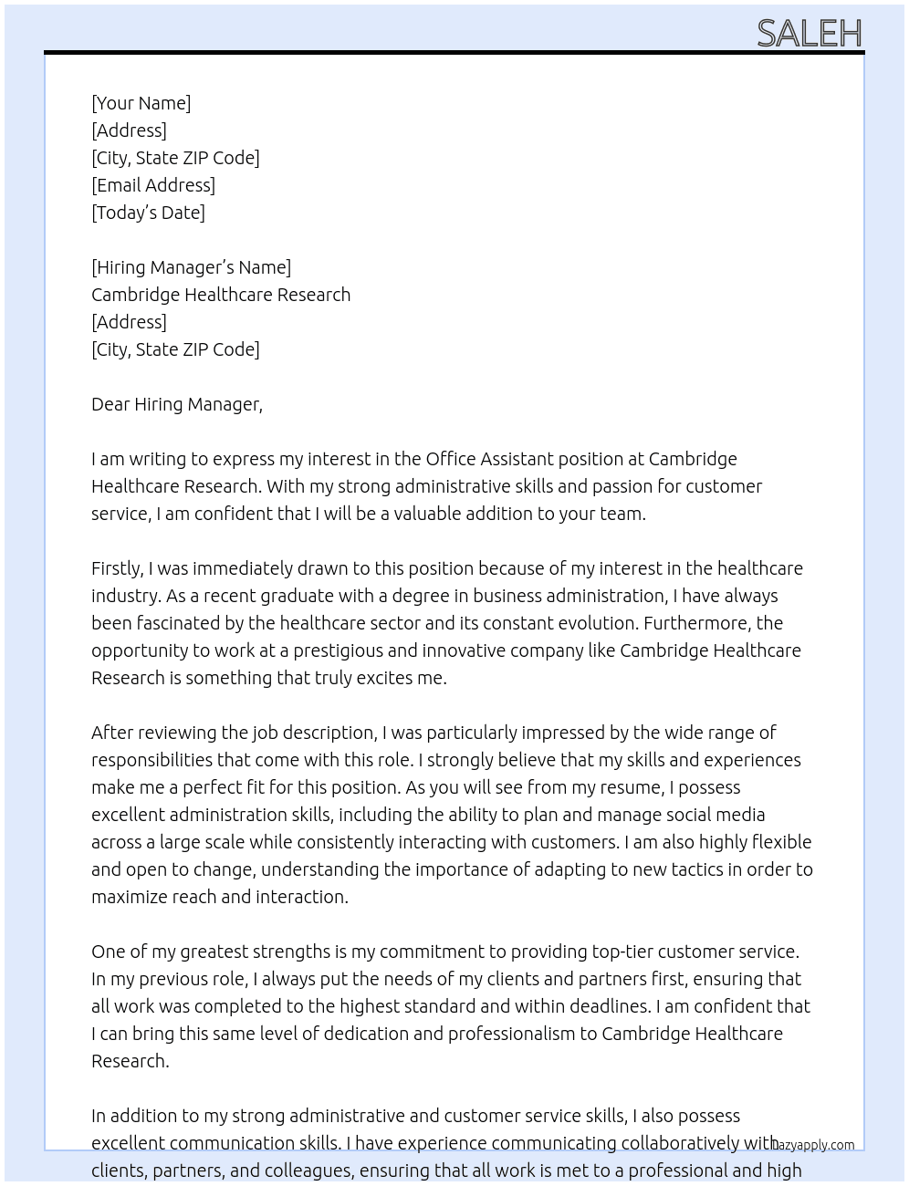 Office Assistant  At Cambridge Healthcare Research Cover Letter