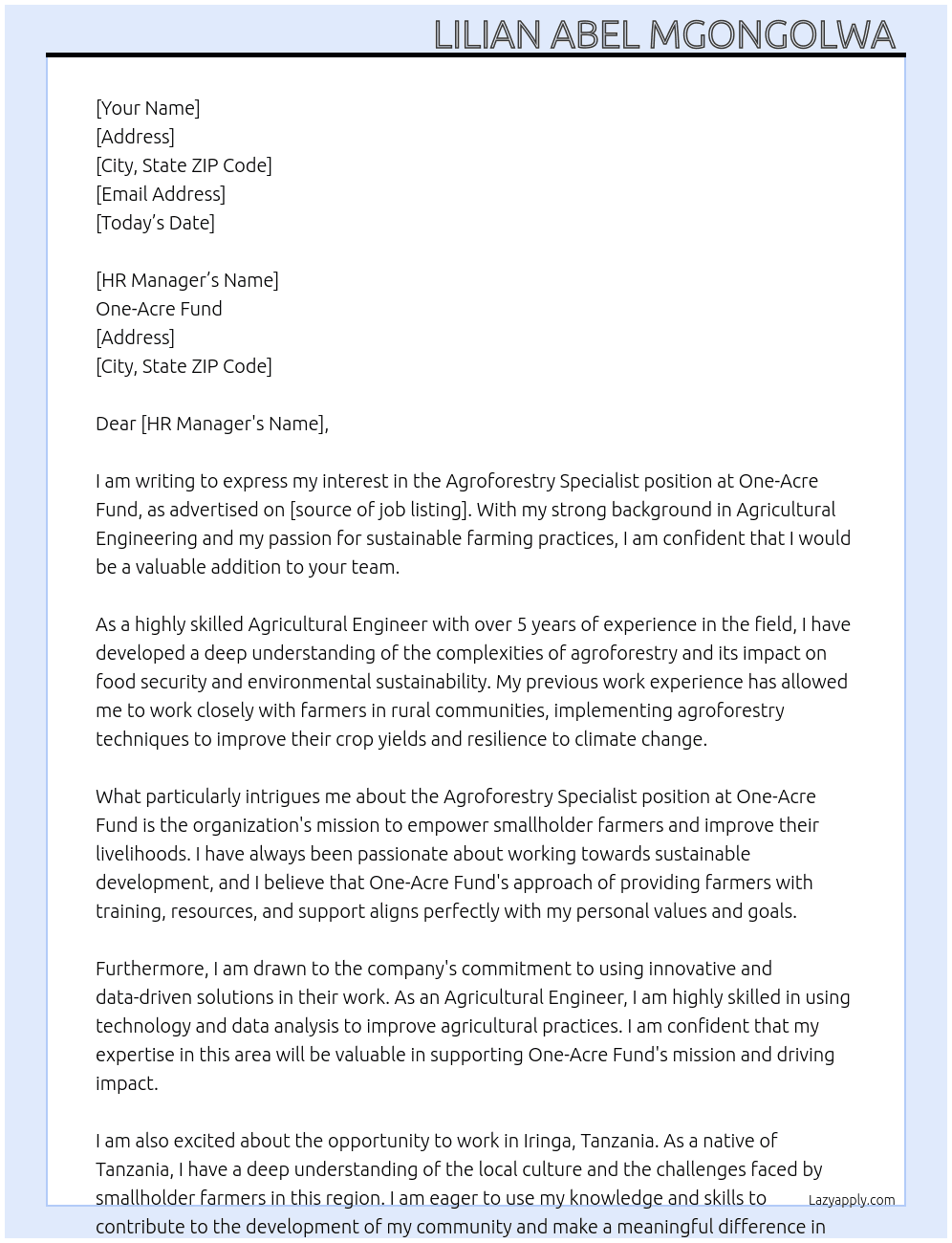 Agroforestry Specialist At One-Acre Fund Cover Letter