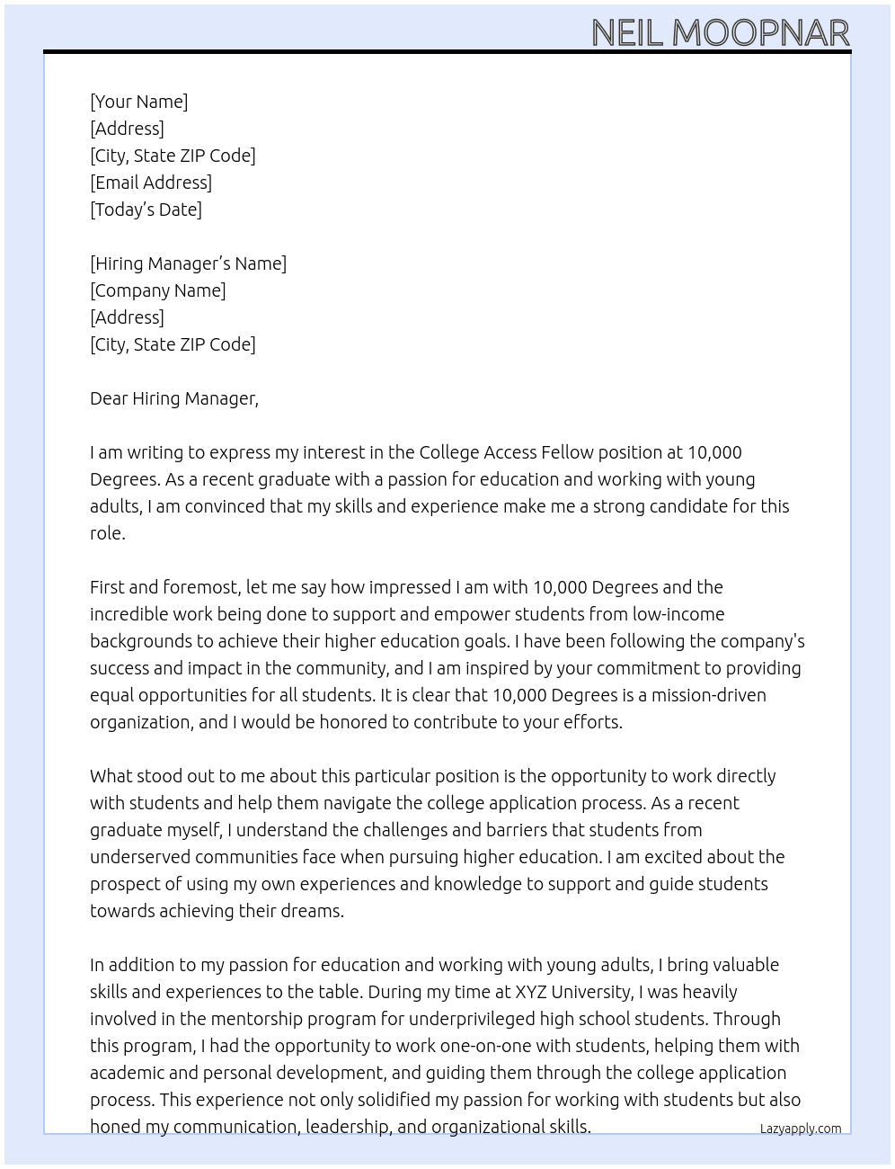 College Access Fellow  At 10,000 Degrees  Cover Letter