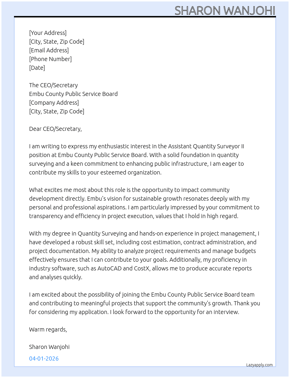 Assistant Quantity Surveyor II At Embu County Public Service Board Cover Letter