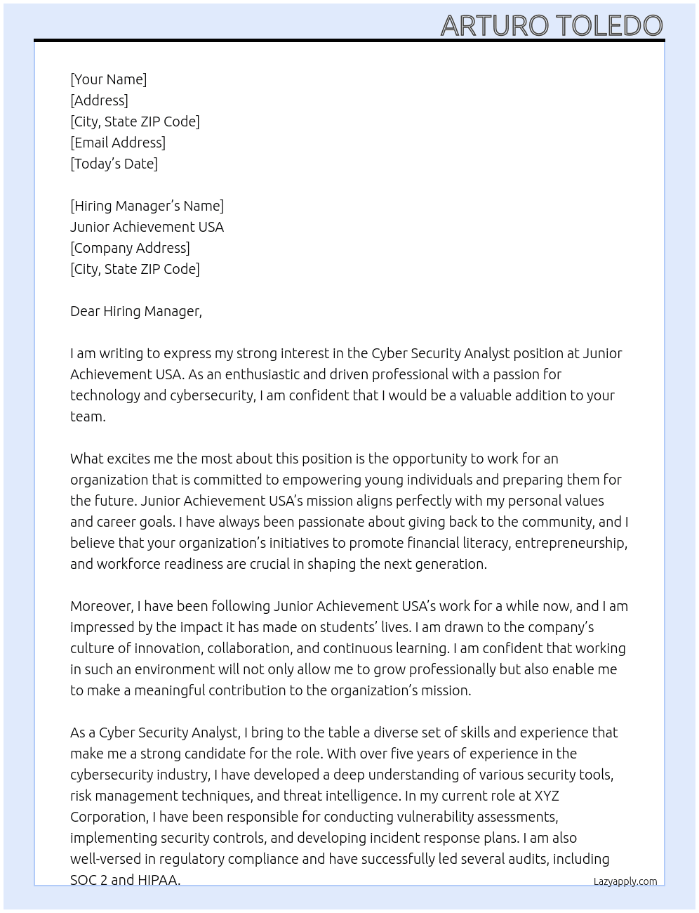 Cyber Security Analyst At Junior Achievement USA Cover Letter
