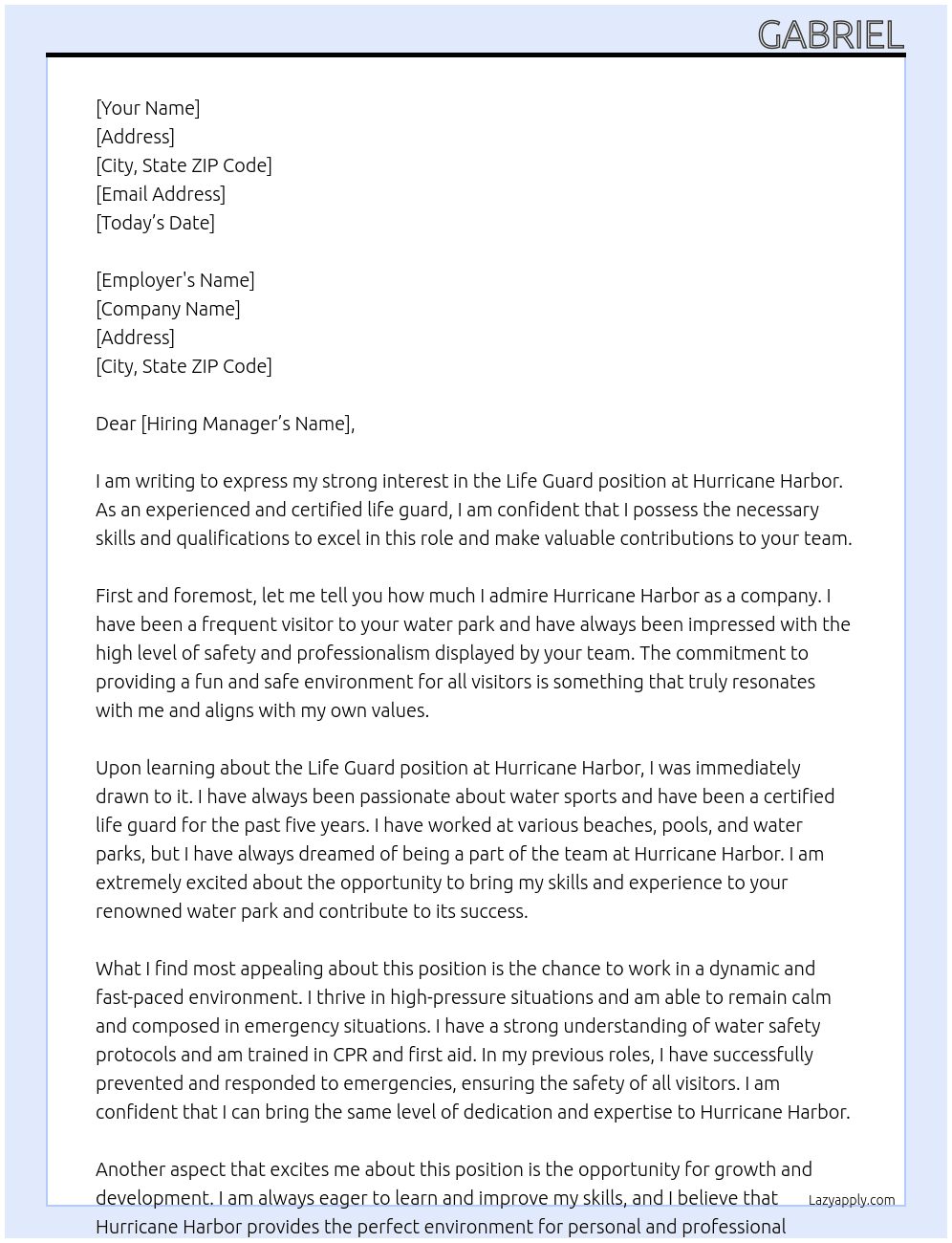 Life guard At Hurricane harbor Cover Letter
