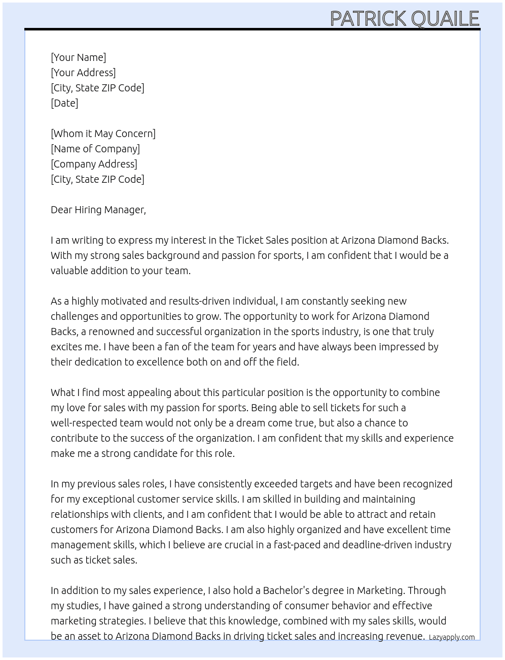 Ticket Sales At Arizona Diamond Backs Cover Letter