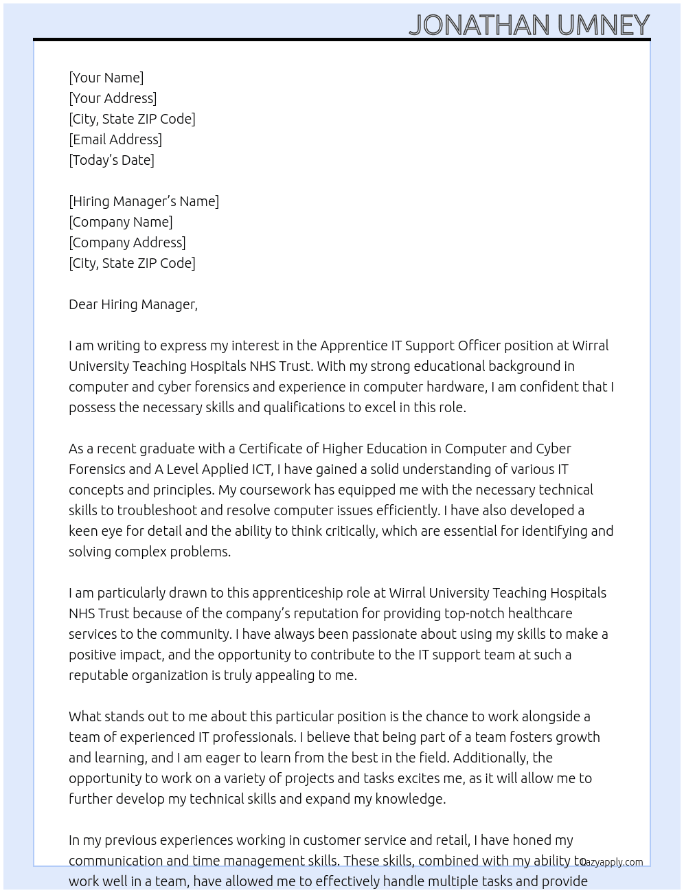 Apprentice IT Support Officer At Wirral University Teaching Hospitals NHS Trust Cover Letter