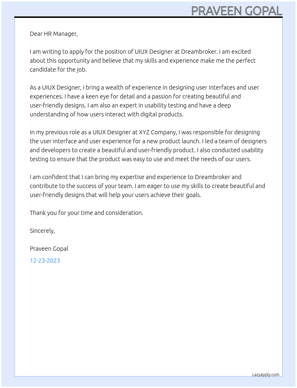 UIUX DESIGNER At DREAMBROKER Cover Letter