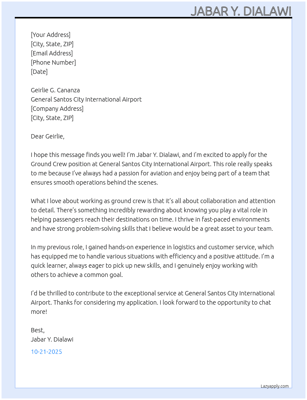 Ground crew At General Santos City International Airport Cover Letter