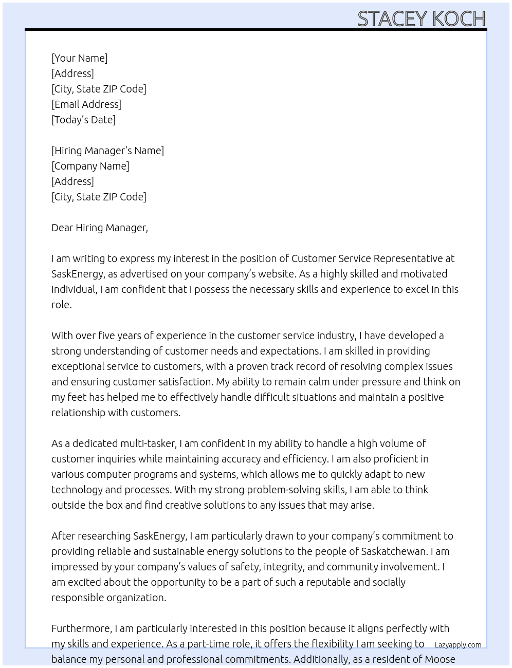 Customer Service Representative At SaskEnergy Cover Letter