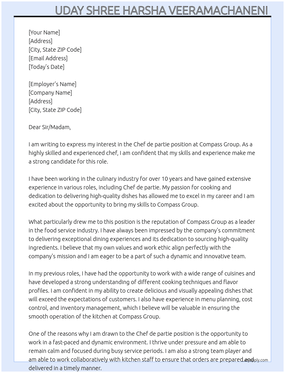 Chef de partie  At Compass group Cover Letter