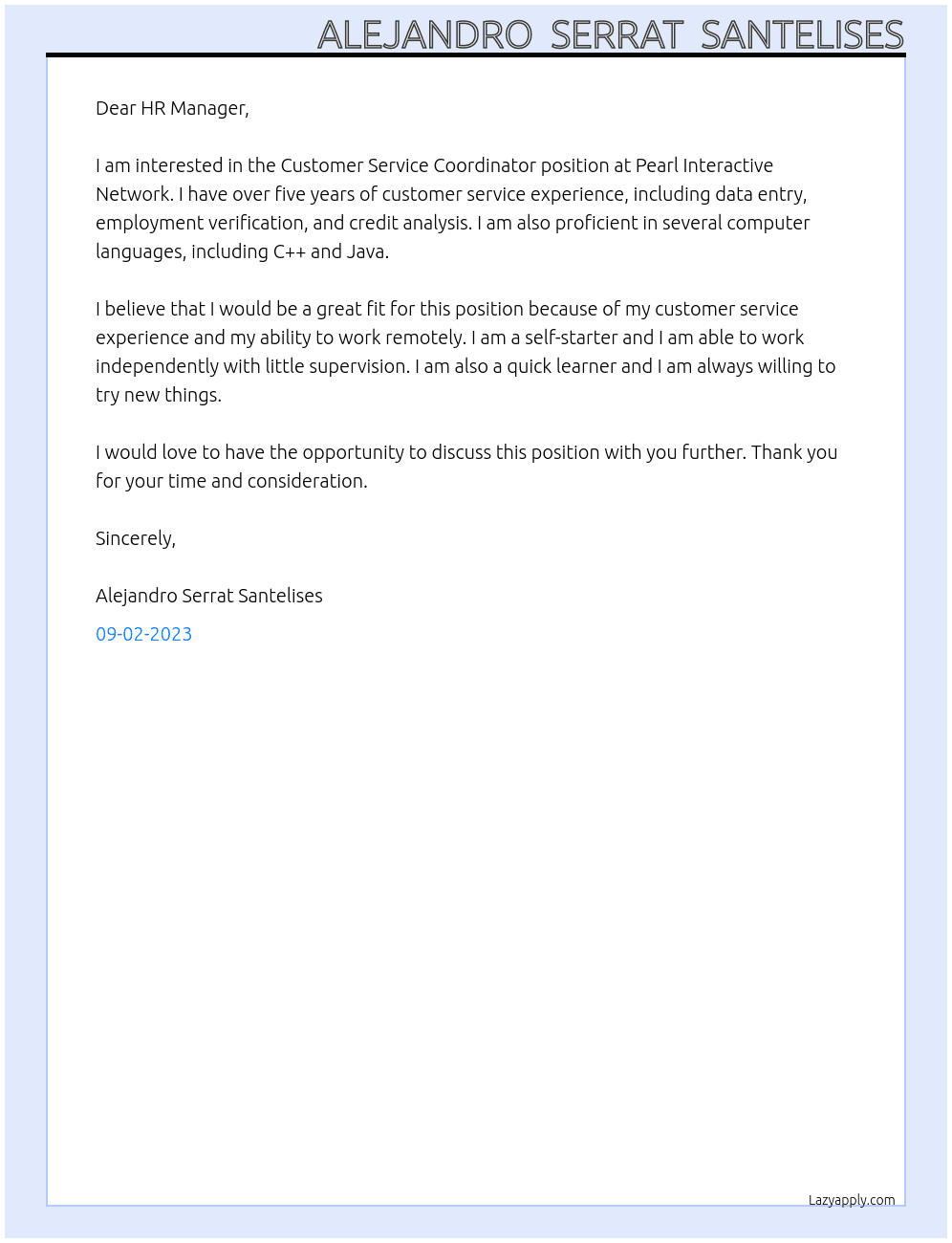 Customer Service Coordinator At Pearl Interactive Network Cover Letter