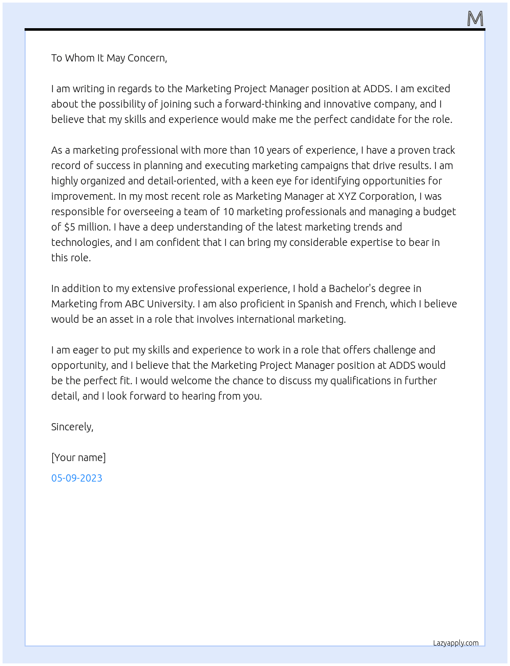 Marketing Project Manager At ADDS Cover Letter