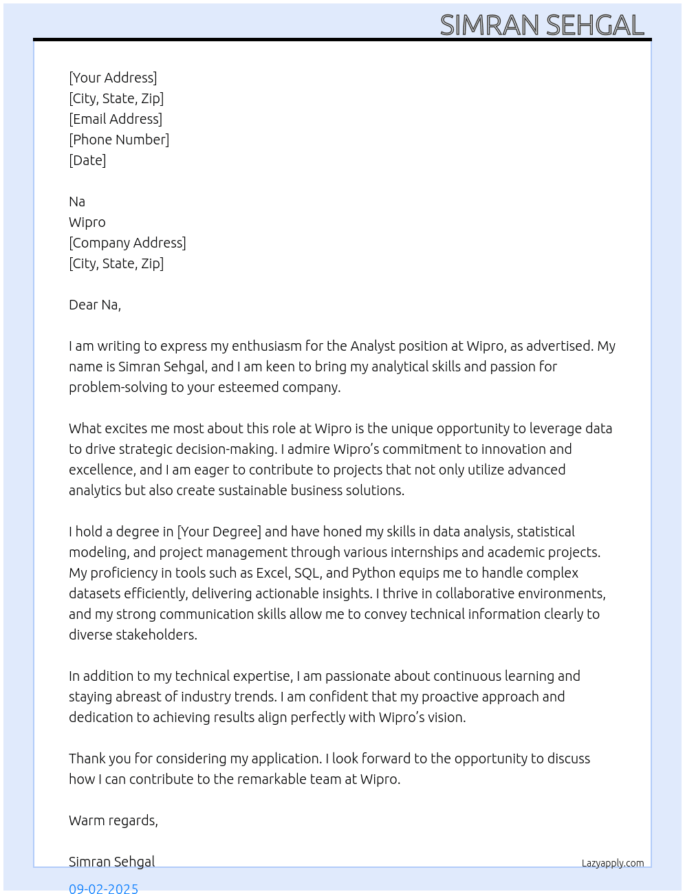 Analyst At Wipro  Cover Letter