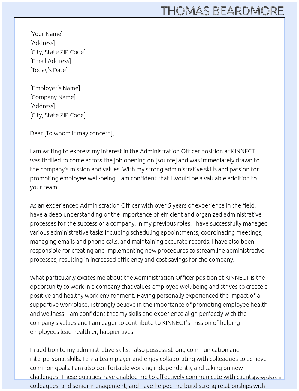 Administration Officer At KINNECT Cover Letter