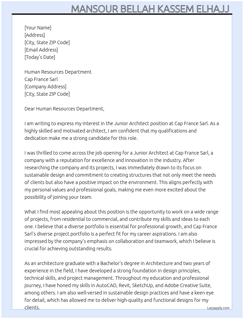 Junior Architect  At Cap France Sarl Cover Letter