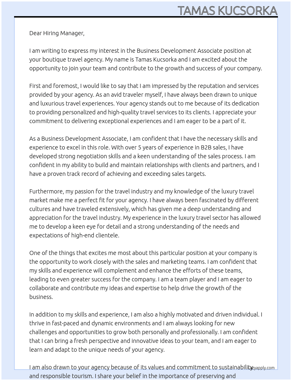 Business Development Associate At a boutique travel agency Cover Letter
