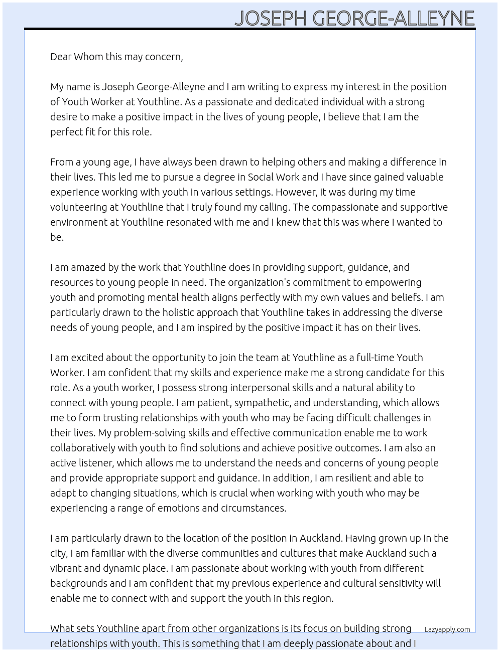 Youth Worker At Youthline Cover Letter