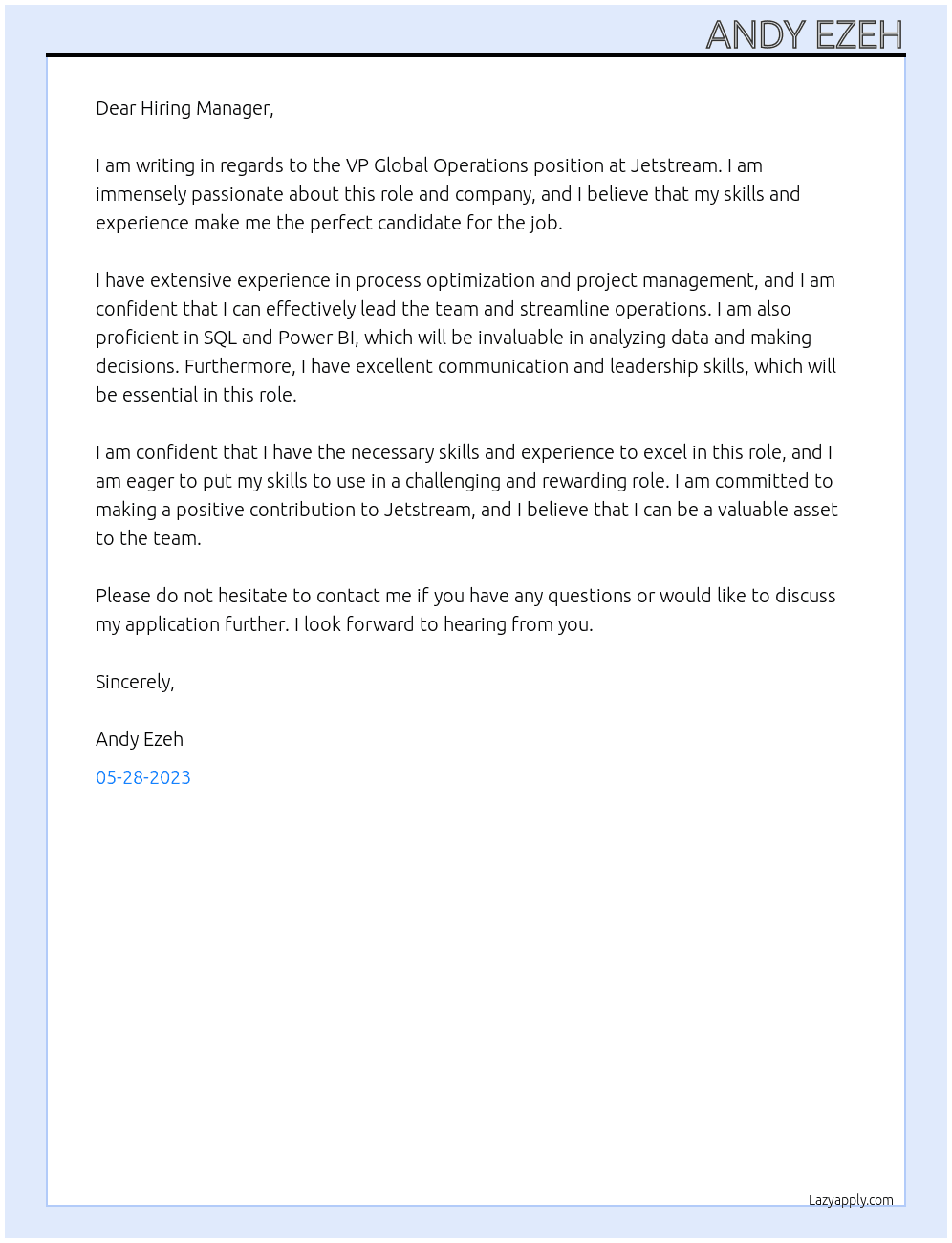 VP Global Operations At Jetstream Cover Letter