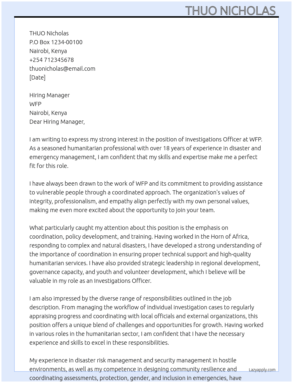 Investigations Officer At WFP Cover Letter