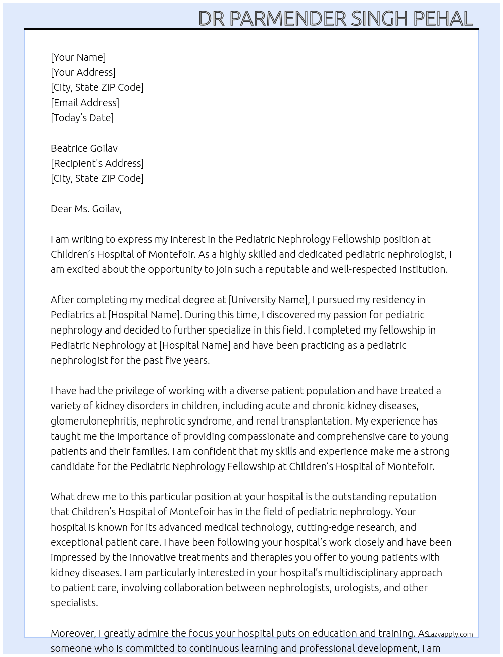 Pediatric Nephrology Fellowship  At Childrens hospital of Montefoir  Cover Letter