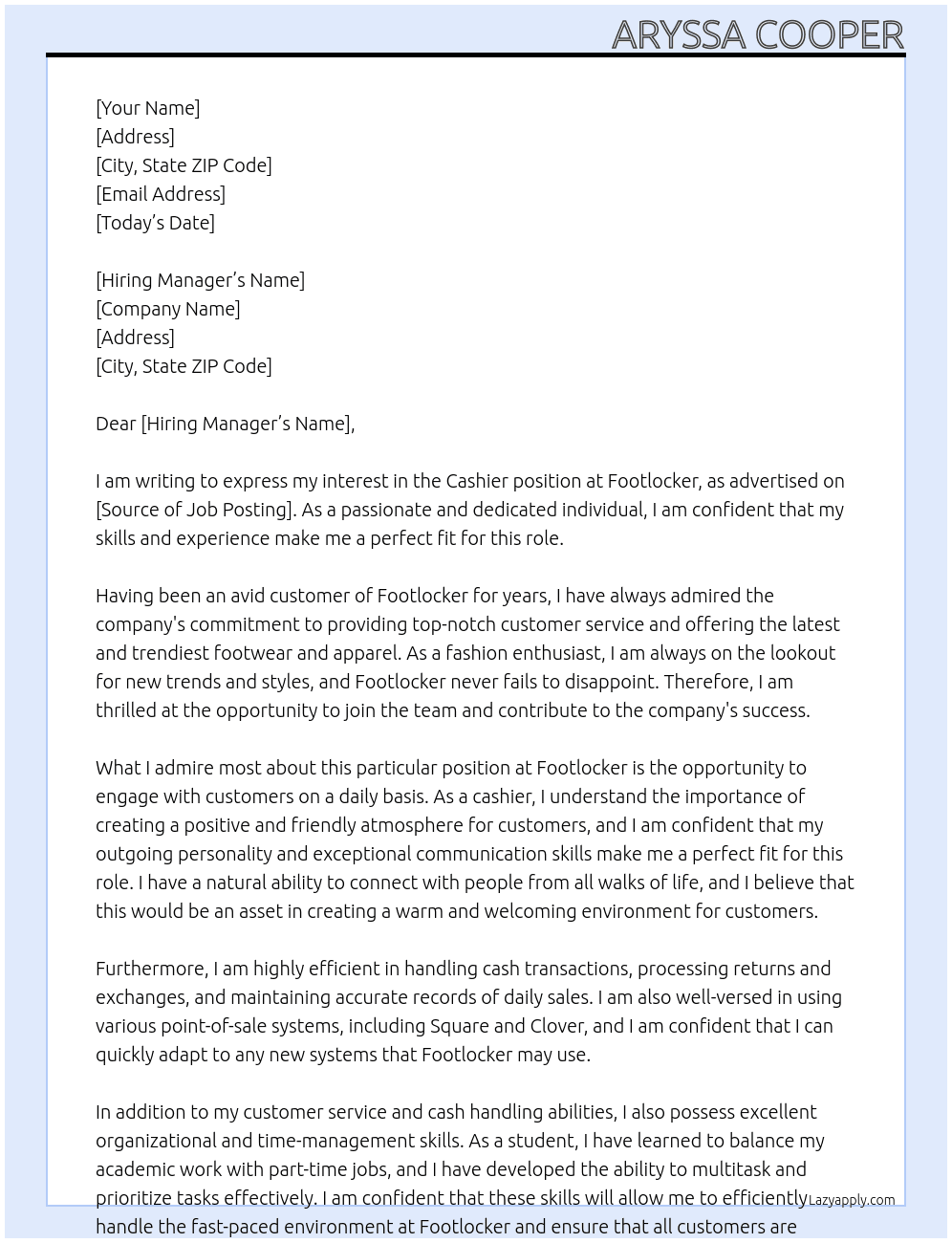 Cashier At Footlocker Cover Letter