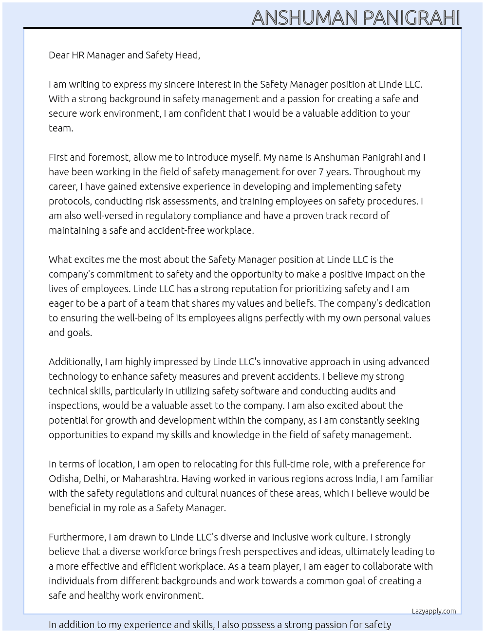 Safety Manager At Linde LLC Cover Letter