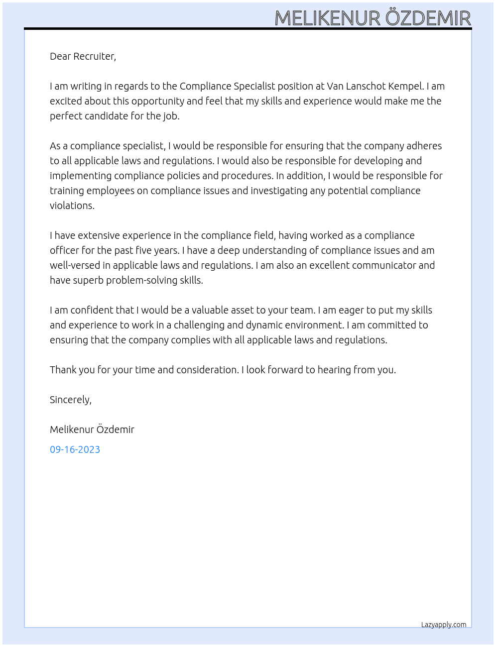 Compliance Specialist At Van Lanschot Kempel Cover Letter