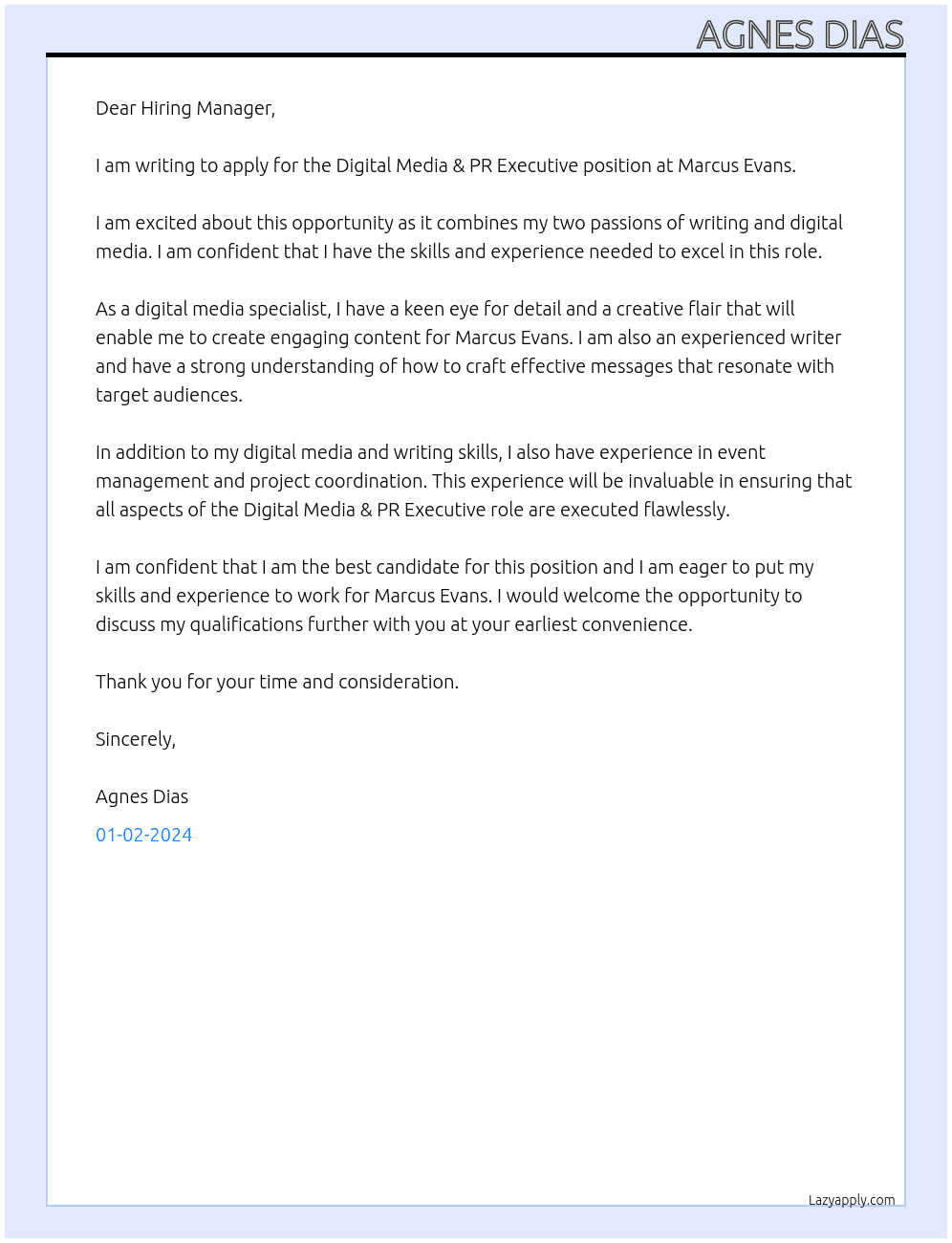 Digital Media & PR Executive At Marcus Evans Cover Letter