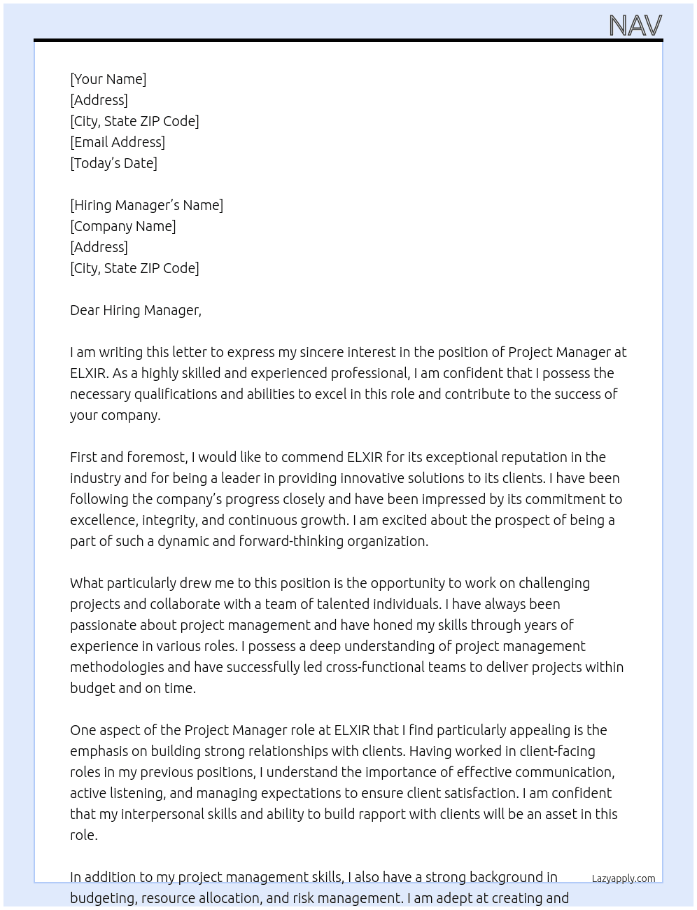 Project manager At ELXIR Cover Letter