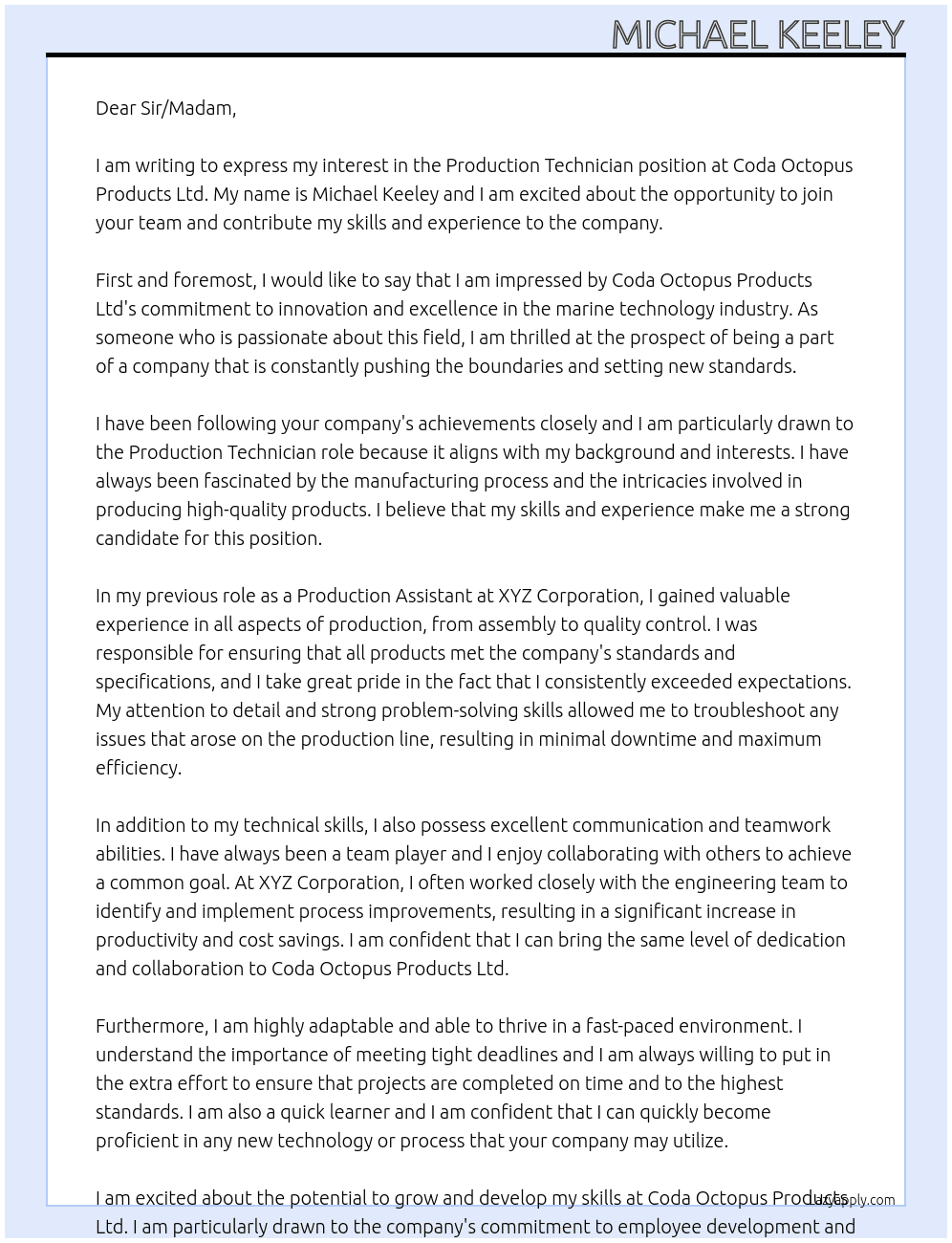 Production Technican At Coda Octopus Products Ltd Cover Letter