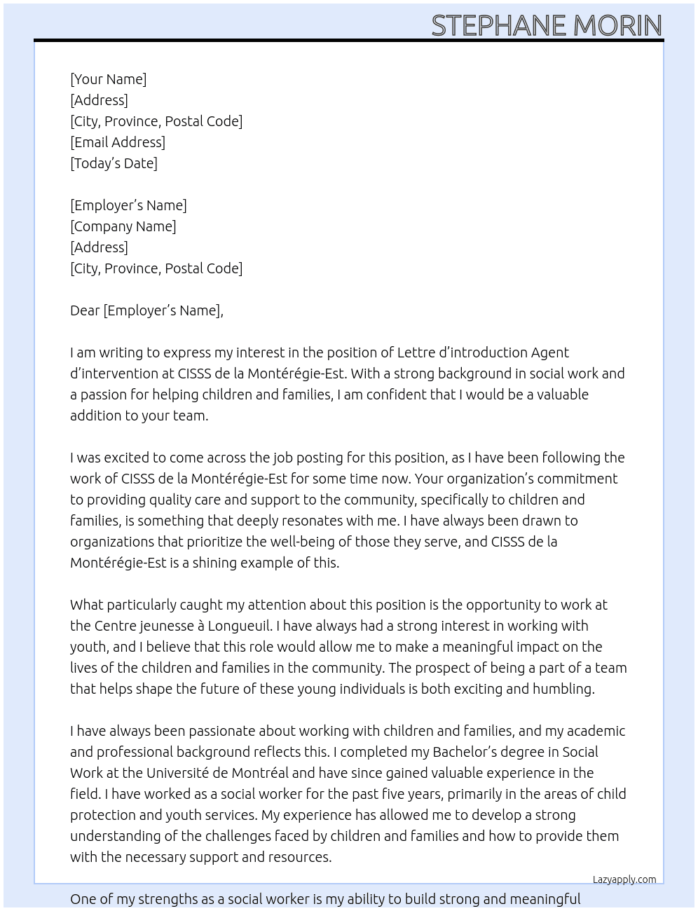 lettre d'introduction agent d'intervention At  CISSS de la Montérégie-Est Cover Letter