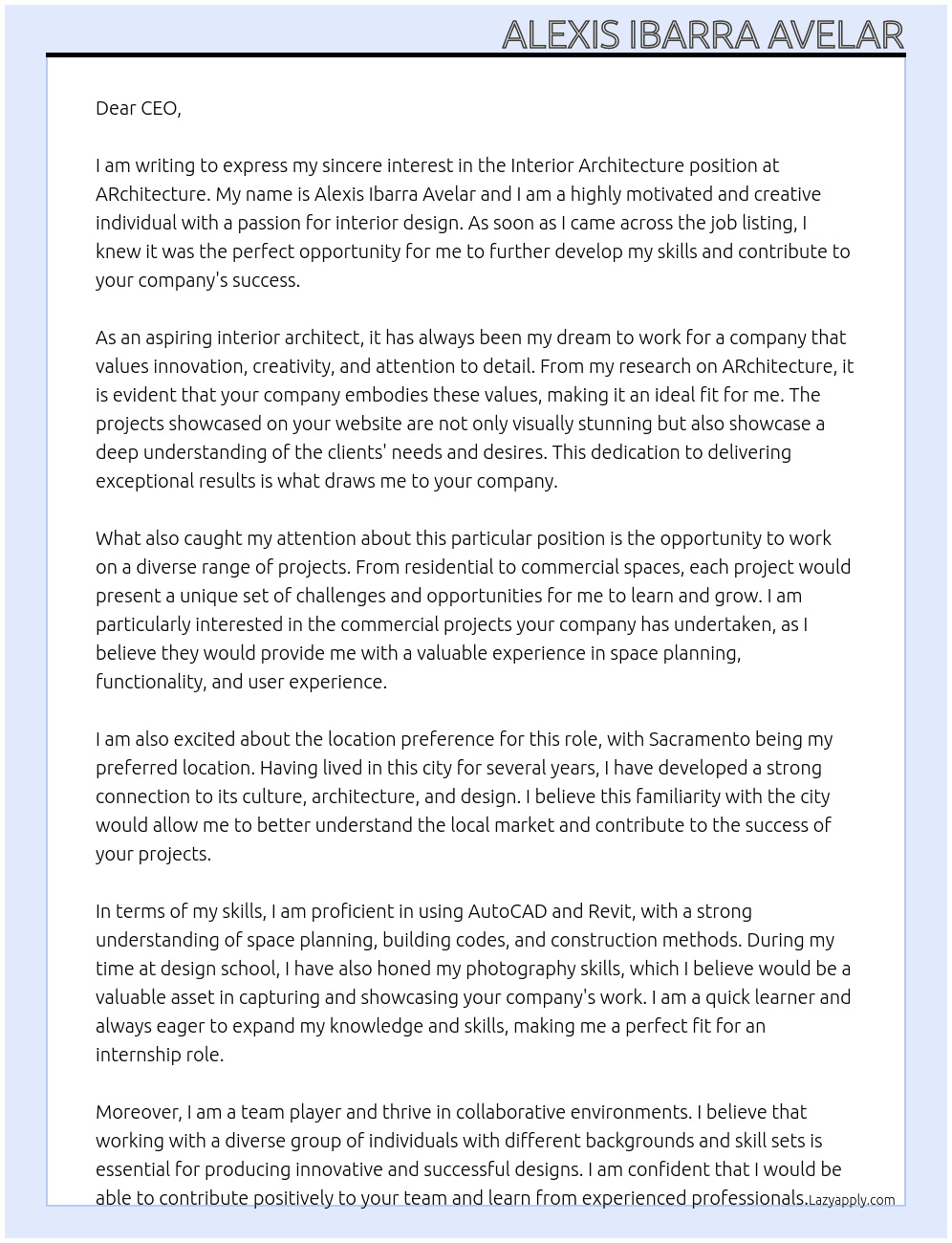 Interior Architecture At ARchitecture Cover Letter