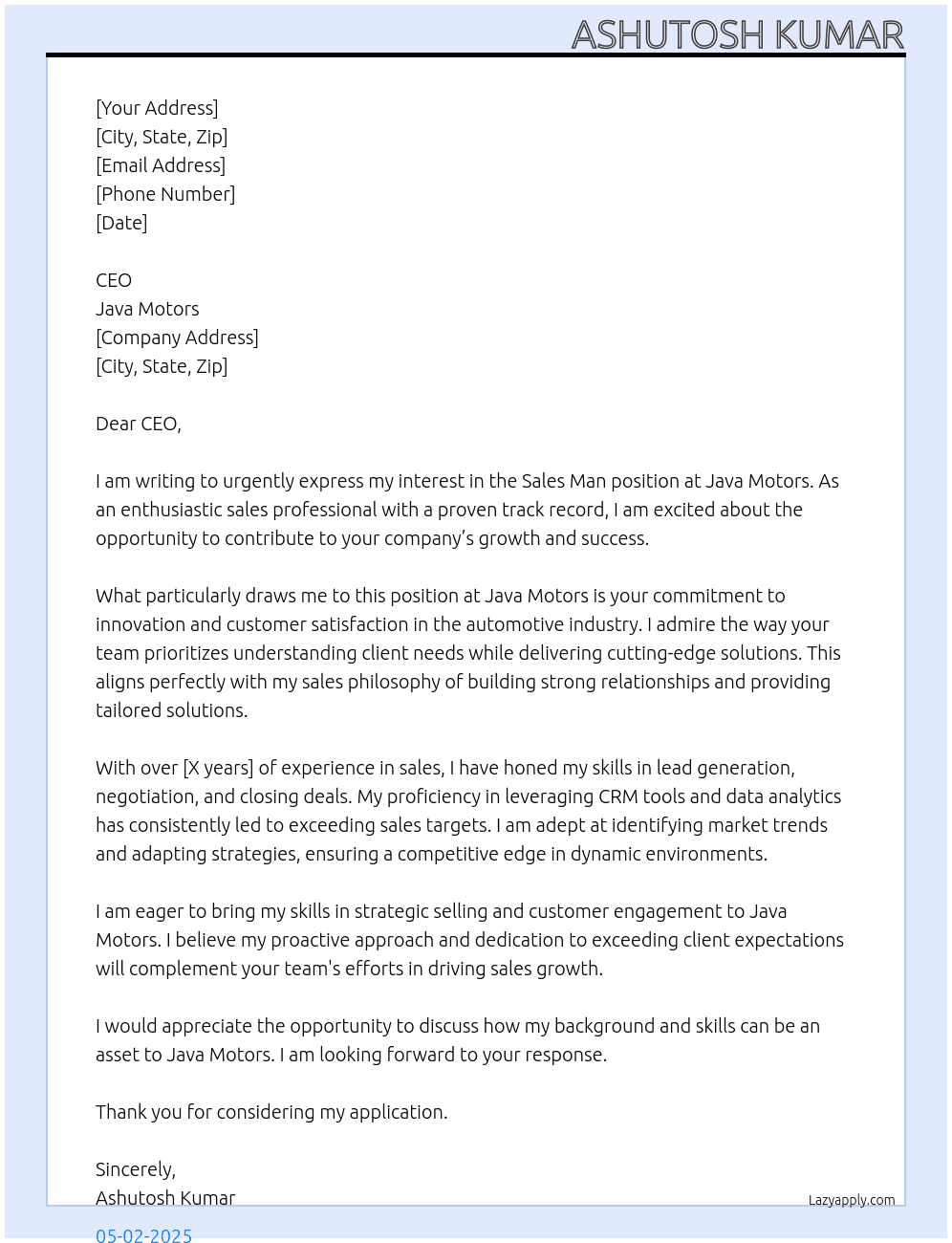 SALES MAN At Java Motors Cover Letter