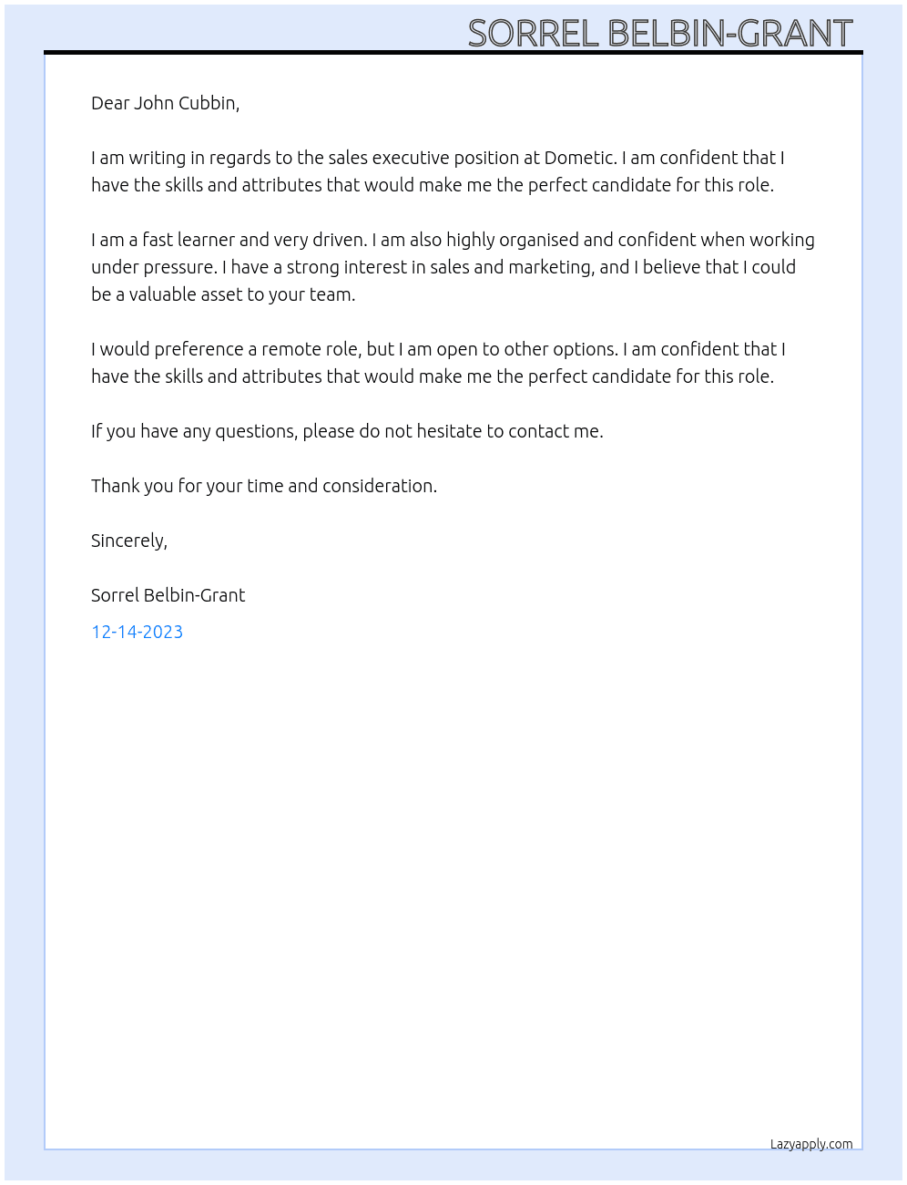 Sales executive At Dometic Cover Letter