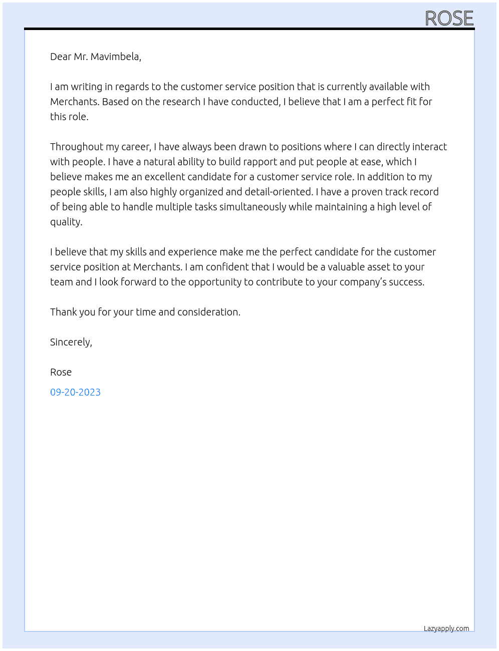 Customer Service At Merchants Cover Letter