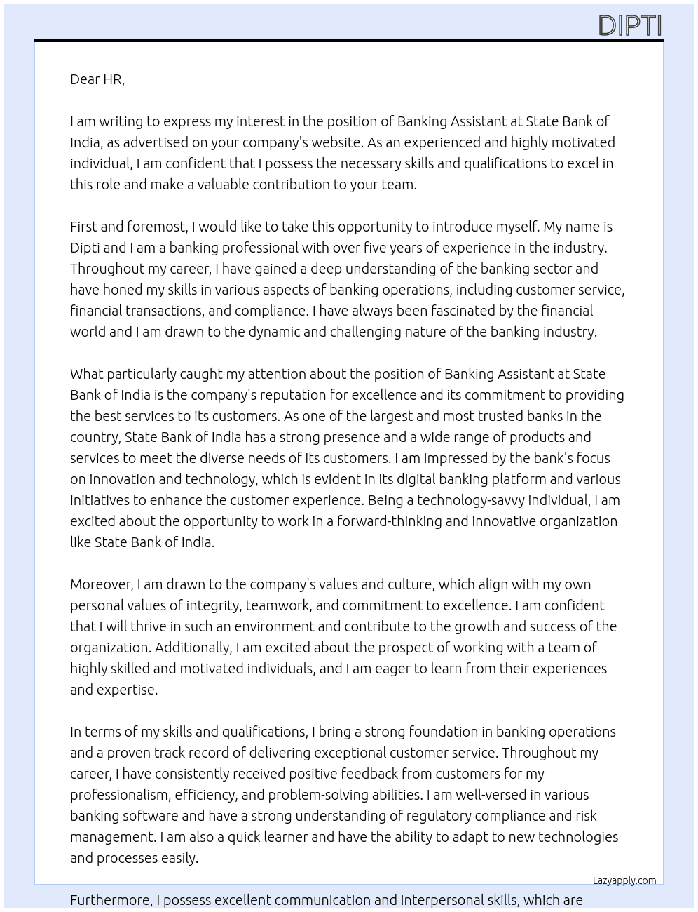 Banking assistant At State Bank of India Cover Letter