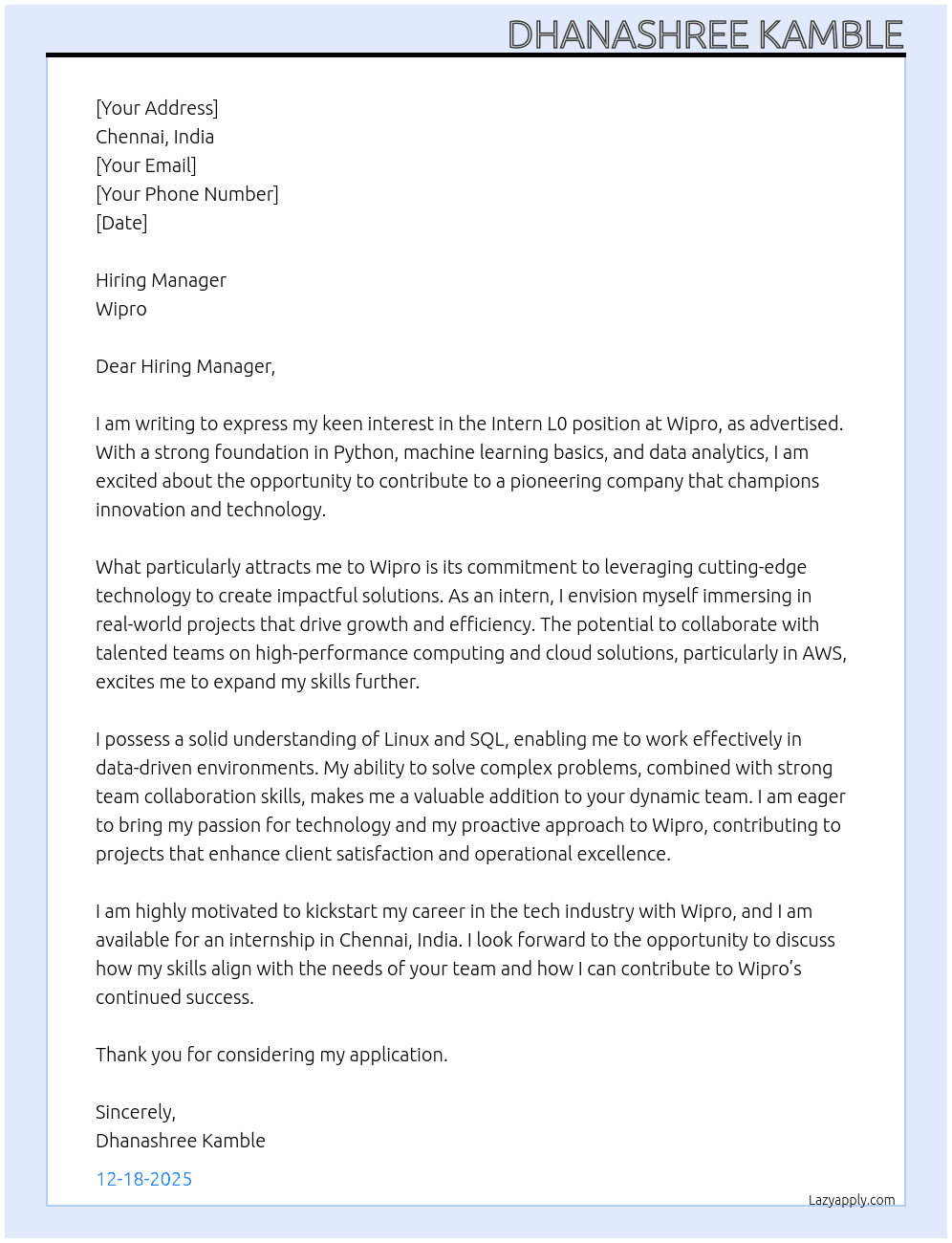 Intern L0 At Wipro Cover Letter
