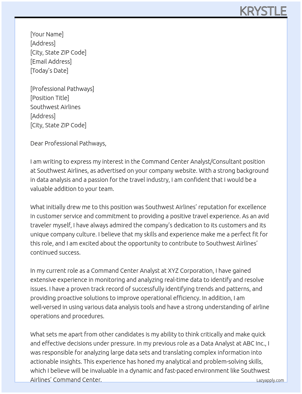 Command Center Analyst/Consultant At Southwest Airlines Cover Letter