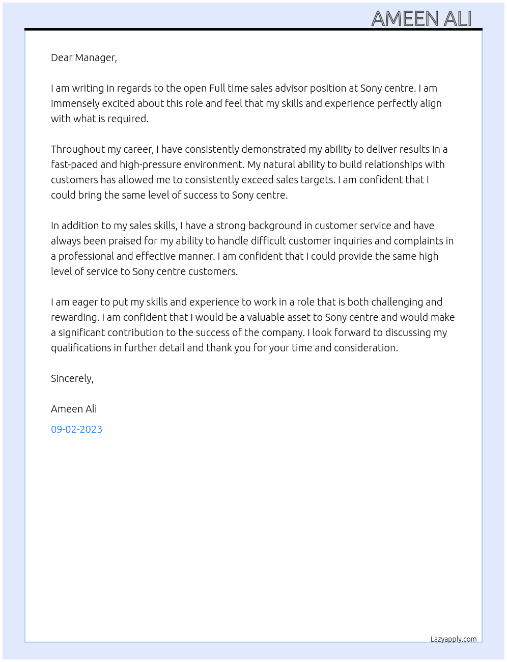 Full time sales advisor  At Sony centre  Cover Letter