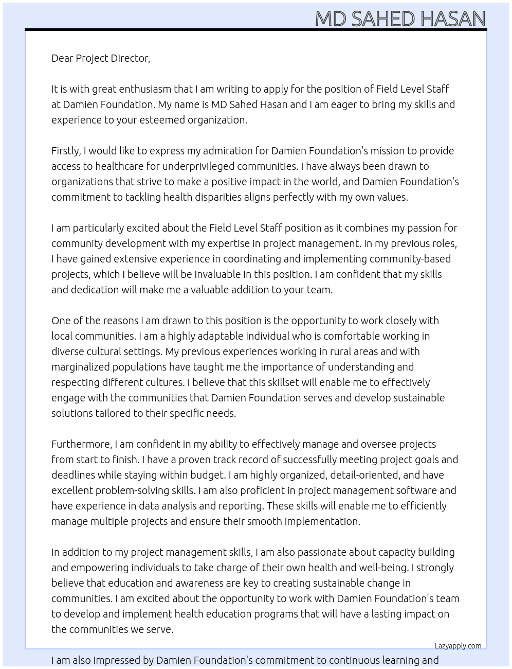 Fild Lavel Staff At Damien Foundation Cover Letter