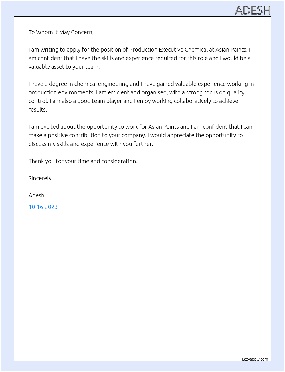 Production executive chemical At Asian paint Cover Letter